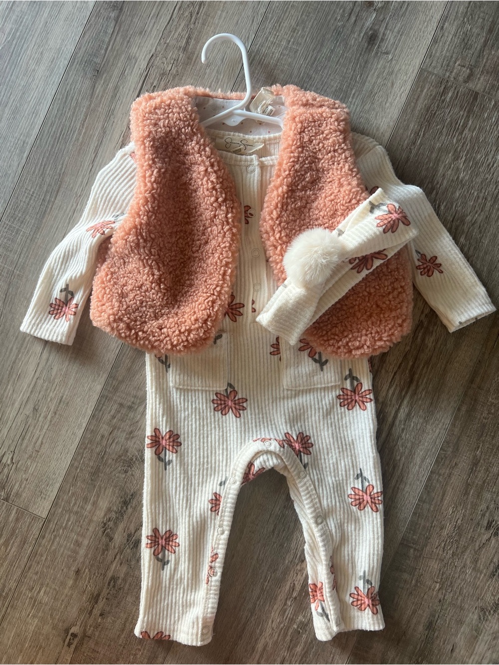 Jessica Simpson Floral Ribbed One-Piece with Peach Sherpa Vest and Headband